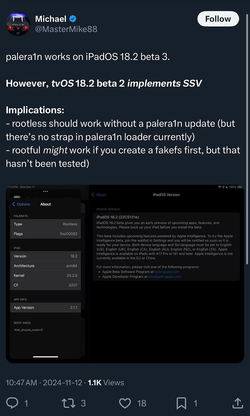 iOS 18.2 beta 3 was released - twitter post